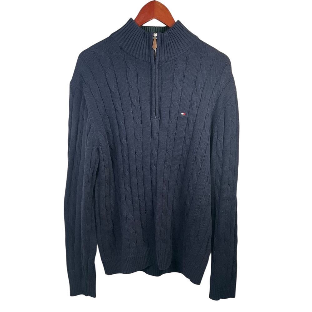 Tommy Hilfiger Mens Cable Knit Quarter Zip Sweater L Preppy Quiet Luxury